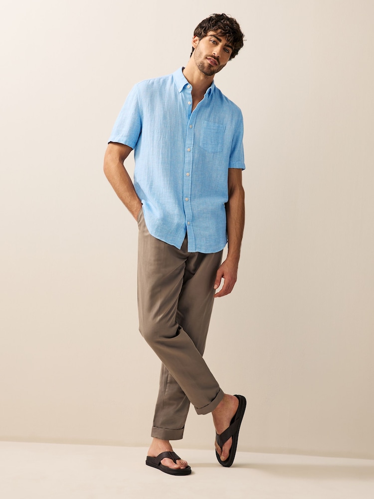 Bleu - Col Classique - Chemise à manches courtes en lin et coton mélangés - Image 3 of 7