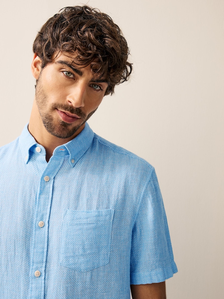 Bleu - Col Classique - Chemise à manches courtes en lin et coton mélangés - Image 4 of 7