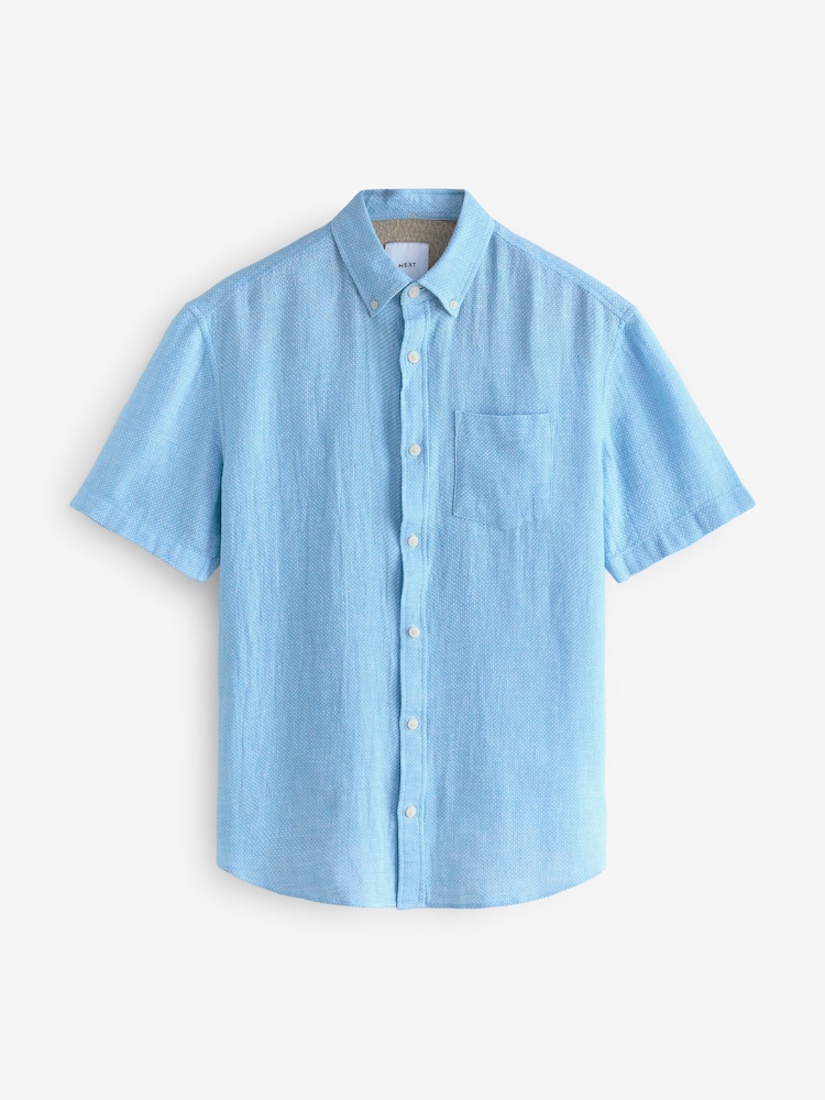 Bleu - Col Classique - Chemise à manches courtes en lin et coton mélangés - Image 5 of 7