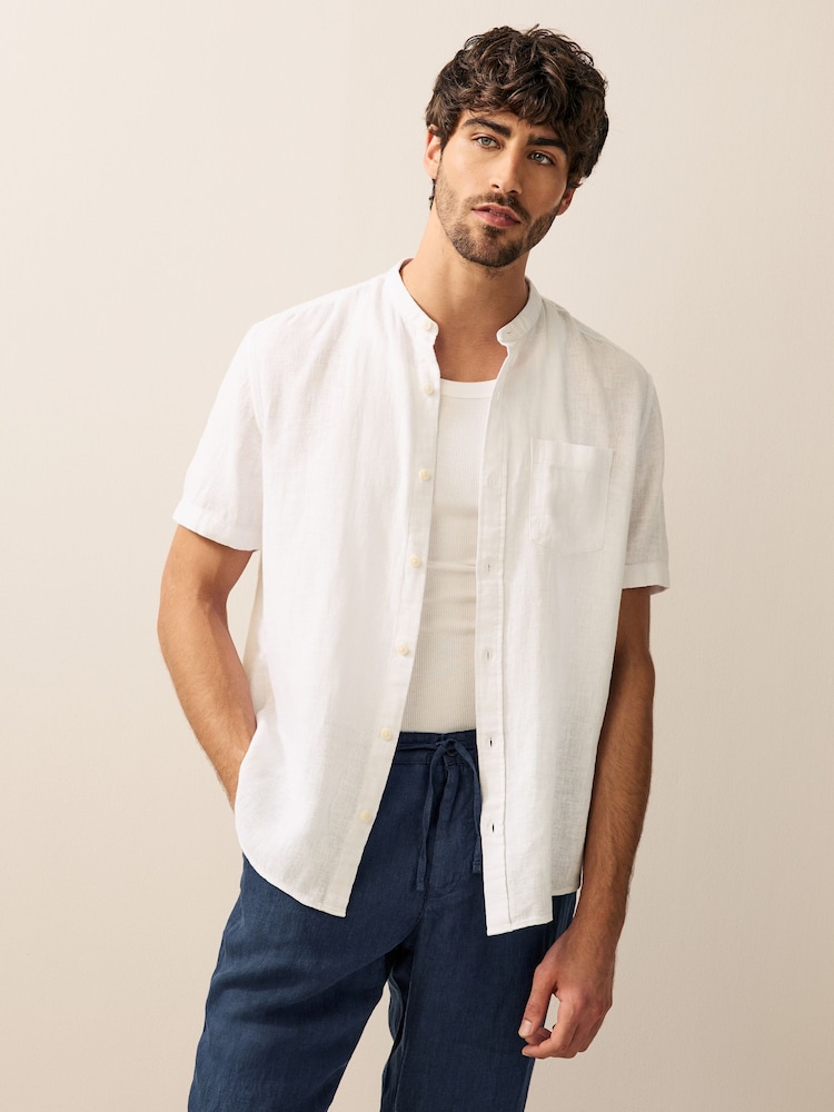White Grandad Collar Cotton Linen Blend Short Sleeve Shirt - Image 1 of 7
