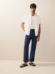 White Grandad Collar Cotton Linen Blend Short Sleeve Shirt - Image 2 of 7