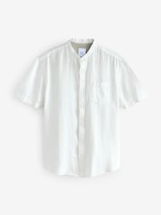 White Grandad Collar Cotton Linen Blend Short Sleeve Shirt - Image 5 of 7