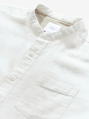 White Grandad Collar Cotton Linen Blend Short Sleeve Shirt - Image 6 of 7