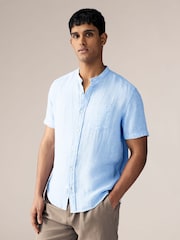 Blue Grandad Collar Cotton Linen Blend Short Sleeve Shirt - Image 1 of 7