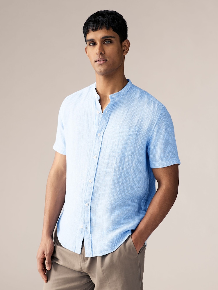 Blue Grandad Collar Cotton Linen Blend Short Sleeve Shirt - Image 1 of 7
