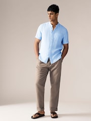 Blue Grandad Collar Cotton Linen Blend Short Sleeve Shirt - Image 2 of 7