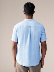 Blue Grandad Collar Cotton Linen Blend Short Sleeve Shirt - Image 3 of 7