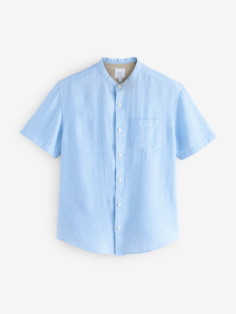 Bleu - Col grand-père. - Chemise à manches courtes en lin et coton mélangés - Image 5 of 7