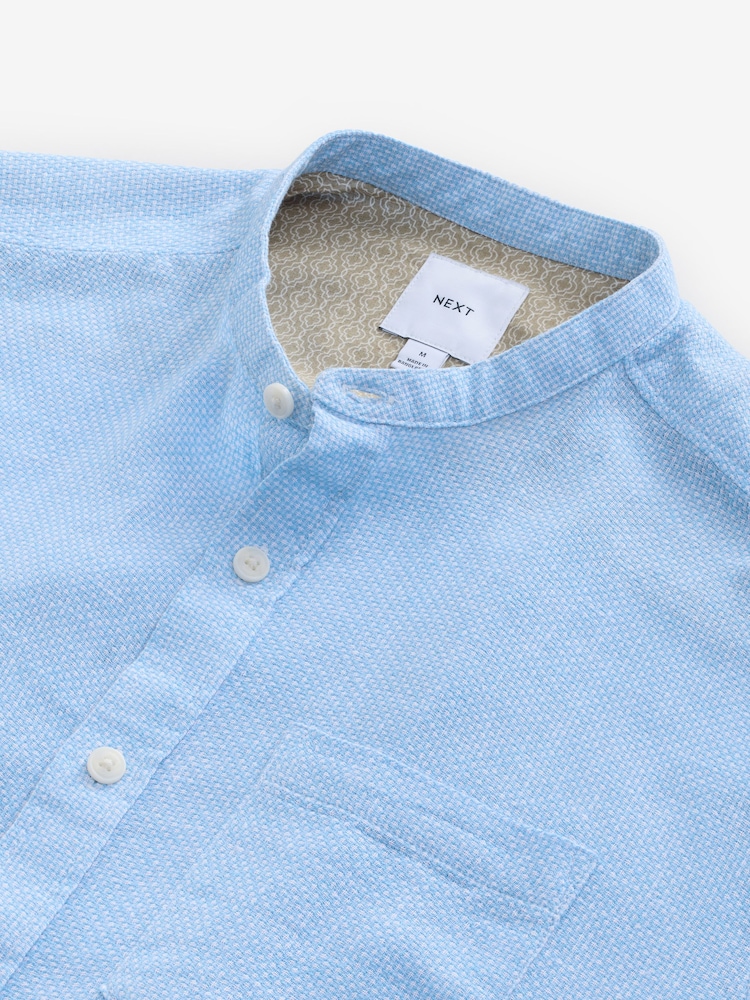 Bleu - Col grand-père. - Chemise à manches courtes en lin et coton mélangés - Image 6 of 7