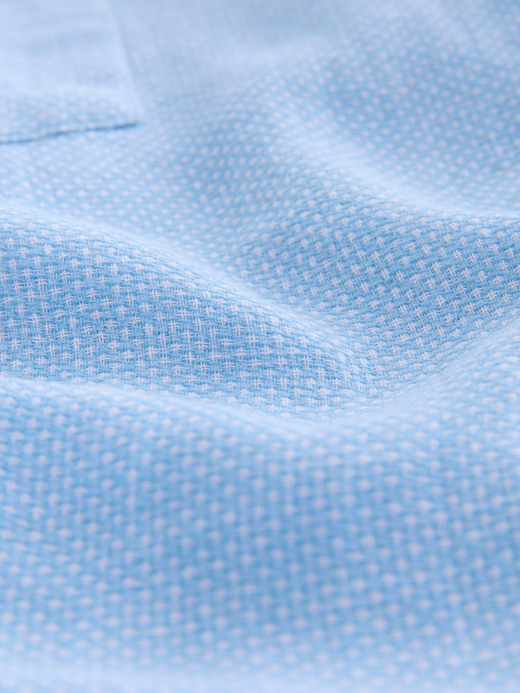 Blue Grandad Collar Cotton Linen Blend Short Sleeve Shirt - Image 7 of 7