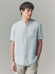 Grey Grandad Collar Cotton Linen Blend Short Sleeve Shirt - Image 1 of 7