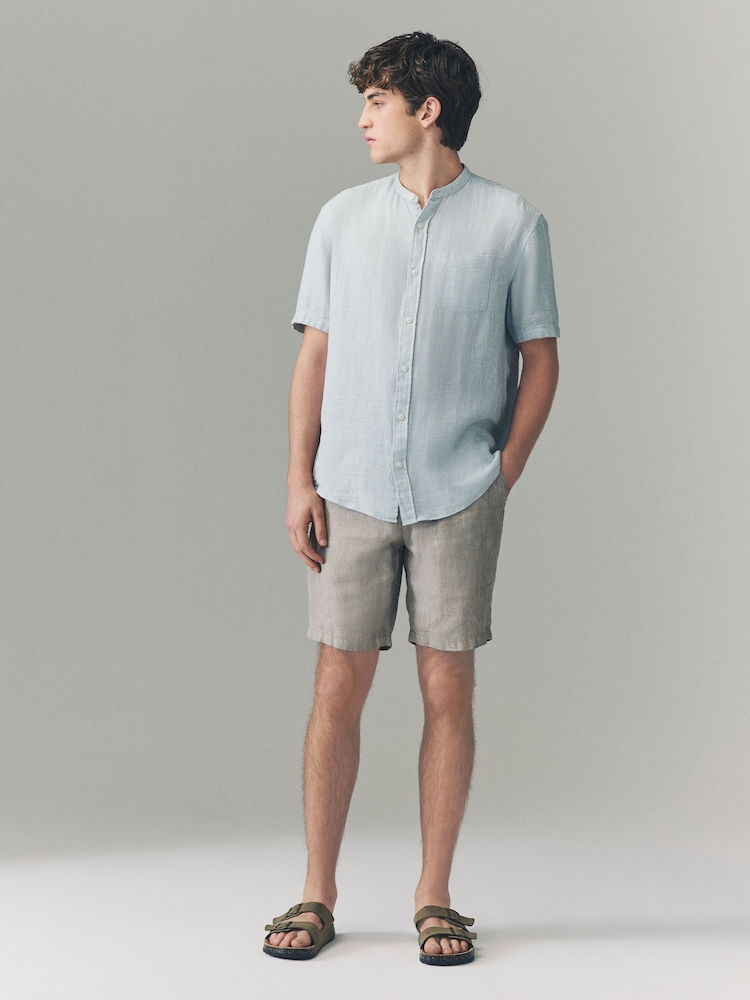 Grey Grandad Collar Cotton Linen Blend Short Sleeve Shirt - Image 2 of 7