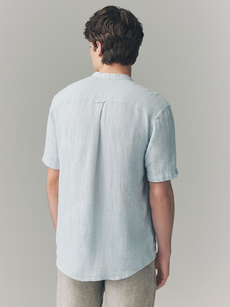 Gris - Col grand-père. - Chemise à manches courtes en lin et coton mélangés - Image 3 of 7