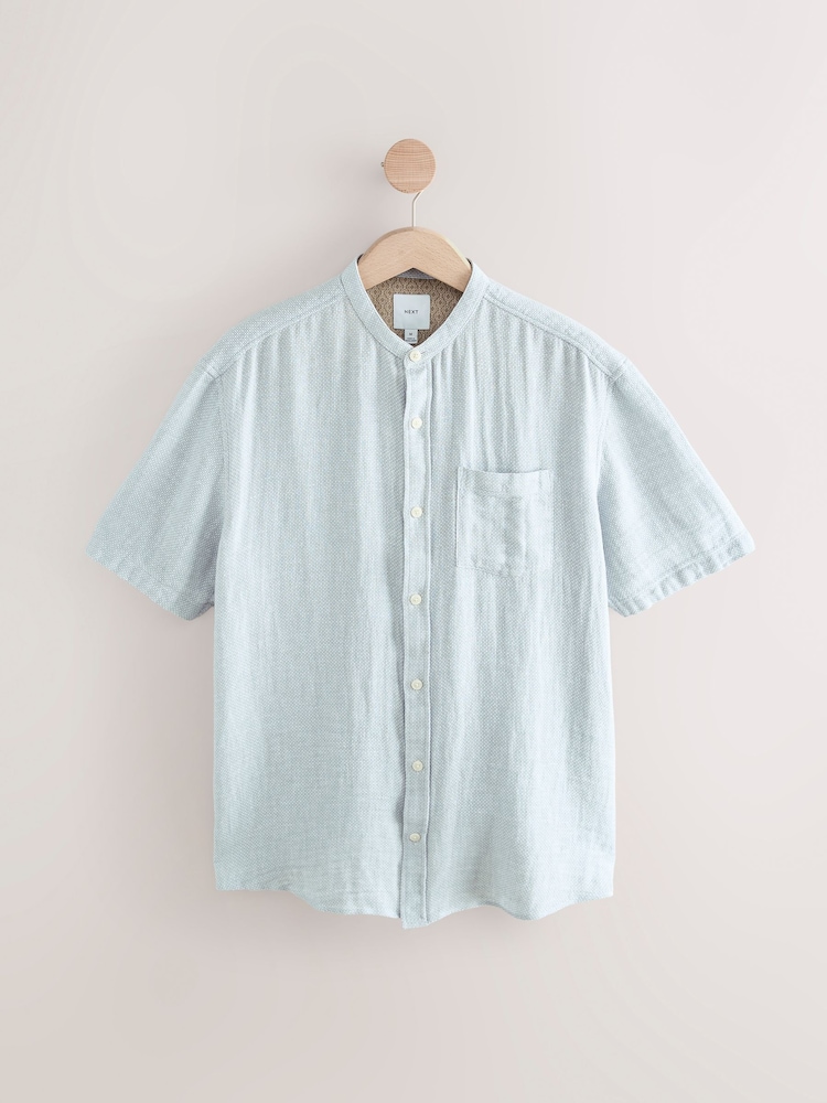 Gris - Col grand-père. - Chemise à manches courtes en lin et coton mélangés - Image 5 of 7