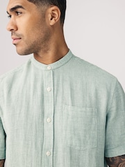 Green Grandad Collar Cotton Linen Blend Short Sleeve Shirt - Image 1 of 8