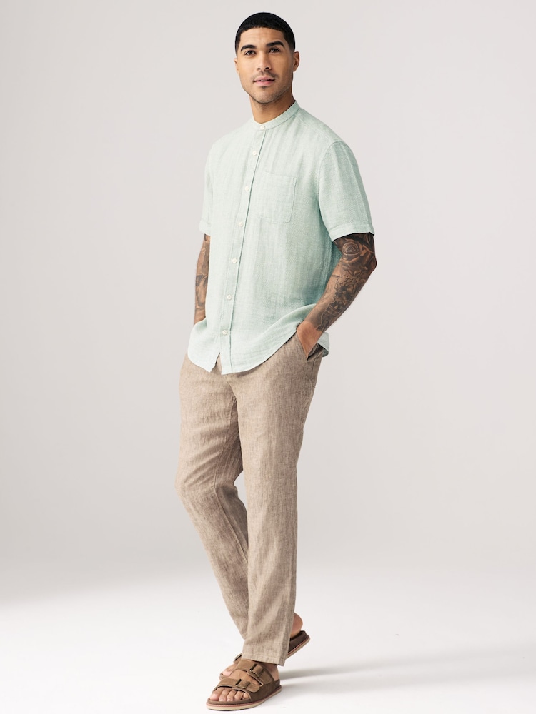 Green Grandad Collar Cotton Linen Blend Short Sleeve Shirt - Image 4 of 8