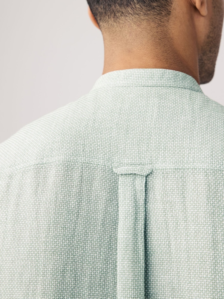 Green Grandad Collar Cotton Linen Blend Short Sleeve Shirt - Image 5 of 8