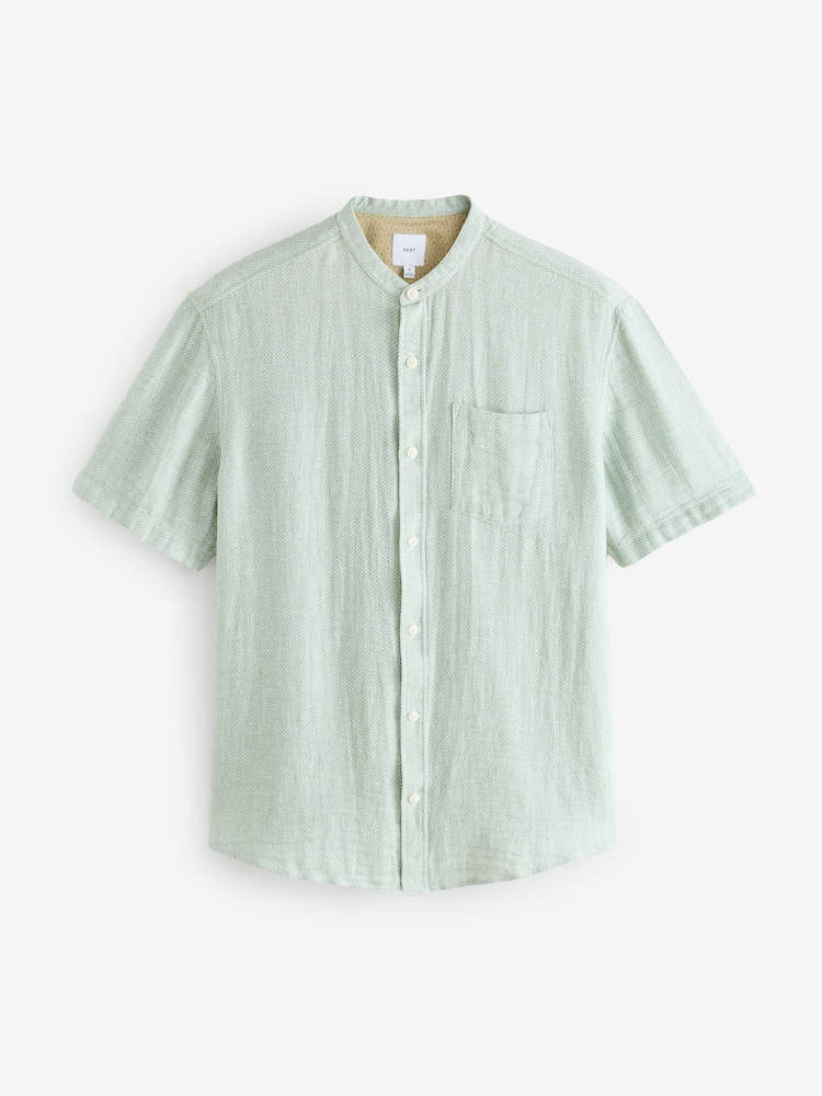 Green Grandad Collar Cotton Linen Blend Short Sleeve Shirt - Image 6 of 8