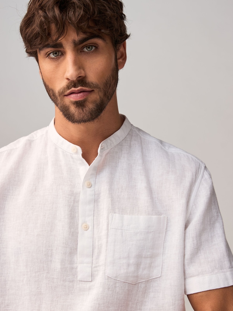 White Overhead Cotton Linen Blend Short Sleeve Shirt - Image 4 of 9