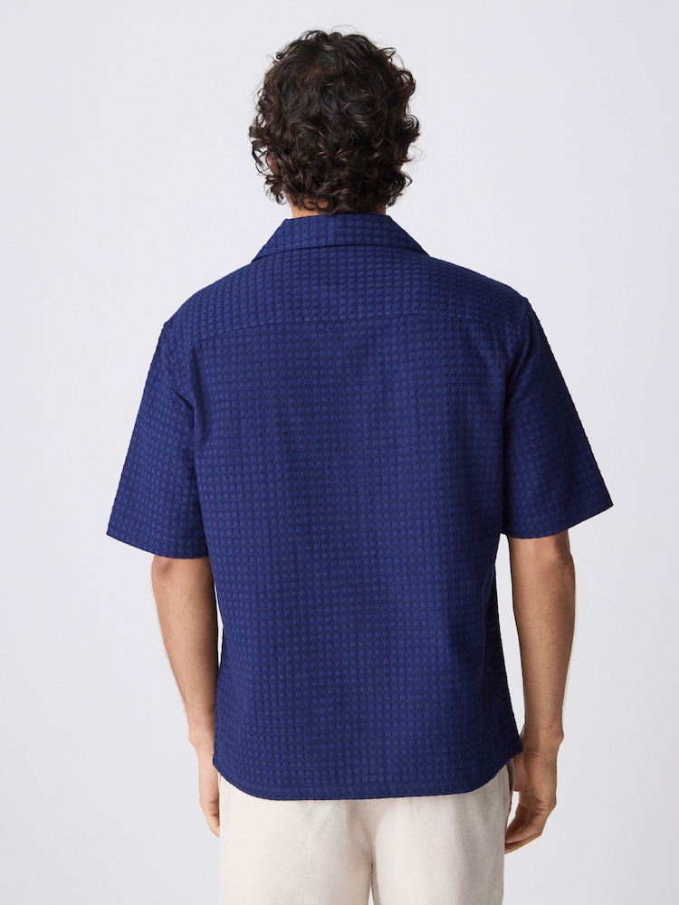 Donkerblauw - Overhemd met korte mouwen van getextureerde Wafelstof en 100% katoen - Image 3 of 7