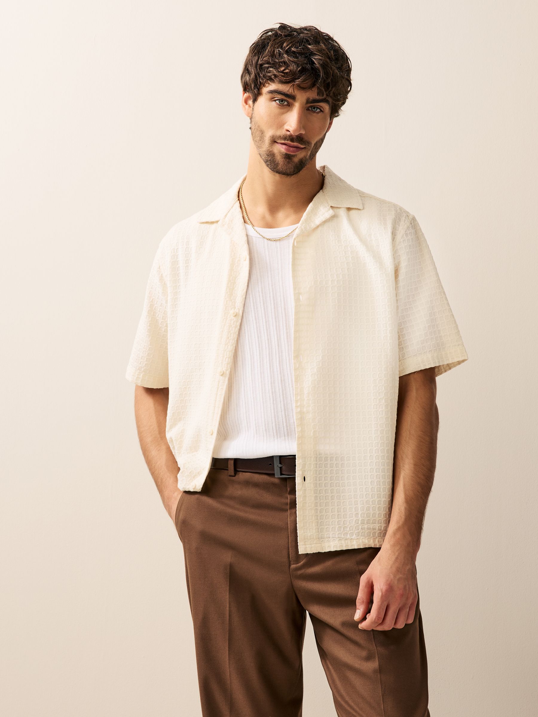 Buy Ecru Short Sleeve Textured Waffle 100% Cotton Shirt from