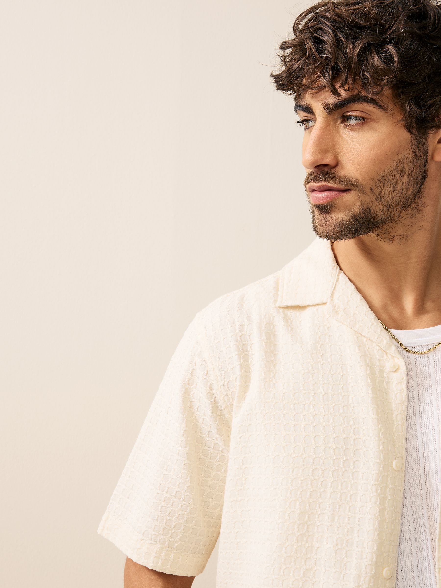 Buy Ecru Short Sleeve Textured Waffle 100% Cotton Shirt from