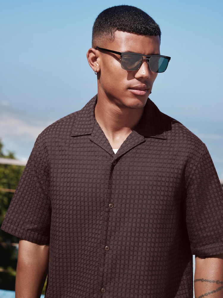 Brown Short Sleeve Textured Waffle 100% Cotton Shirt - Image 1 of 1 Brown Short Sleeve Textured Waffle 100% Cotton Shirt - Image 1 of 1