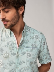 Blue Short Sleeve Textured Floral Printed 100% Cotton Shirt - Image 1 of 9