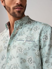 Blue Short Sleeve Textured Floral Printed 100% Cotton Shirt - Image 2 of 9
