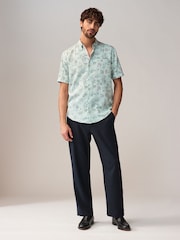 Blue Short Sleeve Textured Floral Printed 100% Cotton Shirt - Image 3 of 9