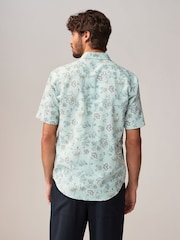 Blue Short Sleeve Textured Floral Printed 100% Cotton Shirt - Image 4 of 9