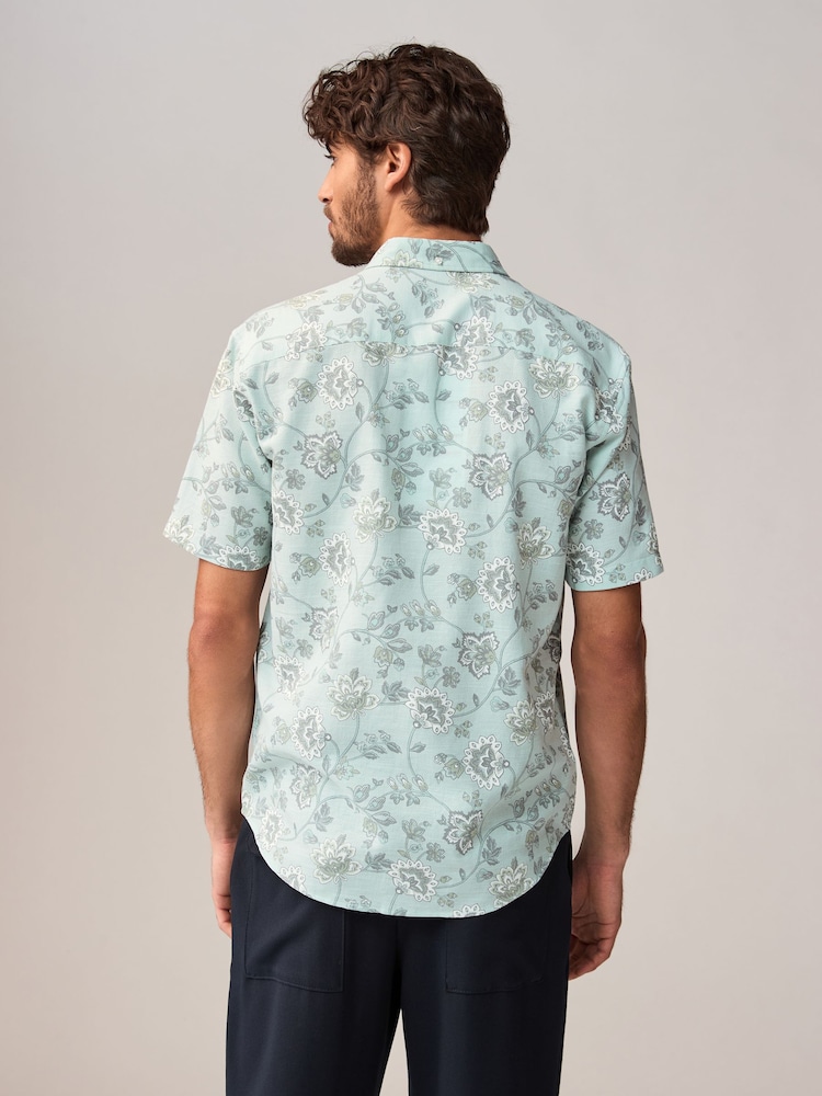 Blue Short Sleeve Textured Floral Printed 100% Cotton Shirt - Image 4 of 9