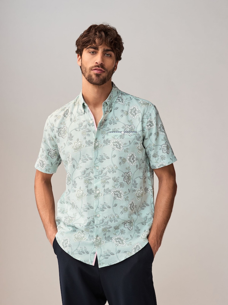 Blue Short Sleeve Textured Floral Printed 100% Cotton Shirt - Image 5 of 9