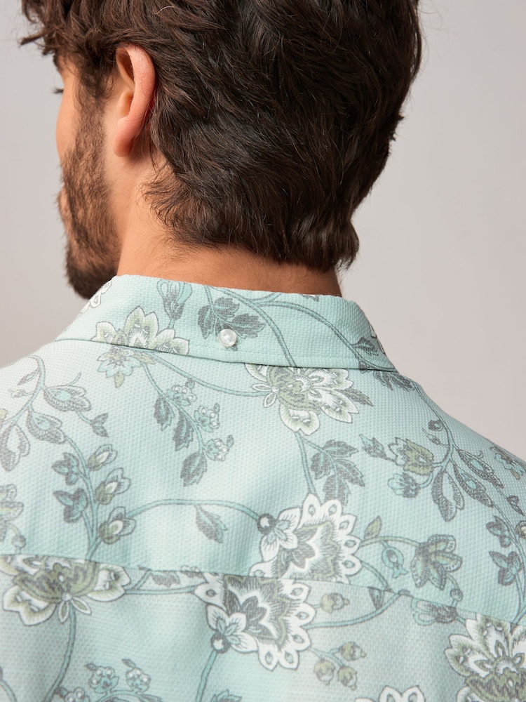 Blue Short Sleeve Textured Floral Printed 100% Cotton Shirt - Image 6 of 9