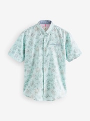 Blue Short Sleeve Textured Floral Printed 100% Cotton Shirt - Image 7 of 9