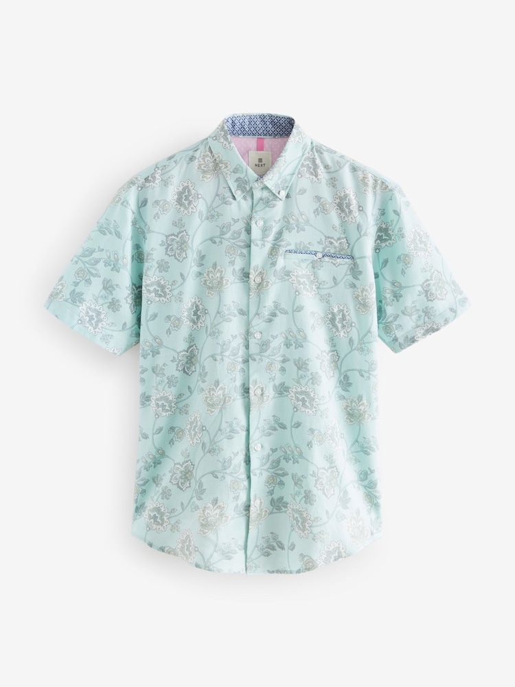 Blue Short Sleeve Textured Floral Printed 100% Cotton Shirt - Image 7 of 9
