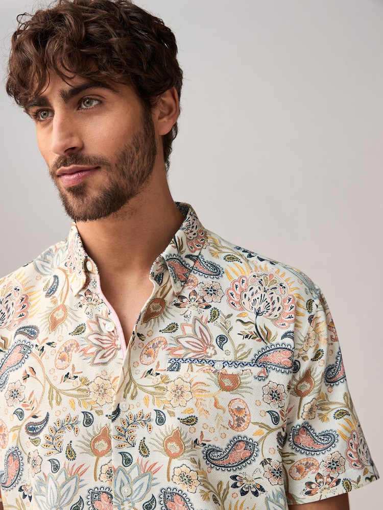 White Short Sleeve Textured Floral Printed 100% Cotton Shirt - Image 1 of 8 White Short Sleeve Textured Floral Printed 100% Cotton Shirt - Image 1 of 8