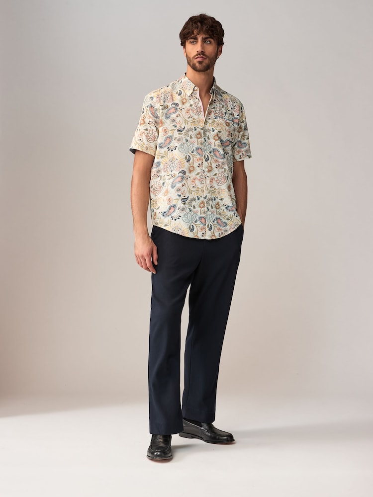 White Short Sleeve Textured Floral Printed 100% Cotton Shirt - Image 2 of 8 White Short Sleeve Textured Floral Printed 100% Cotton Shirt - Image 2 of 8