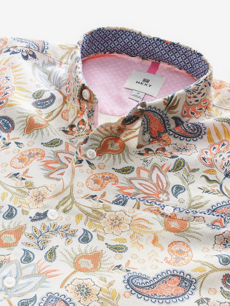 White Short Sleeve Textured Floral Printed 100% Cotton Shirt - Image 8 of 8 White Short Sleeve Textured Floral Printed 100% Cotton Shirt - Image 8 of 8