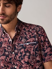Navy Blue Short Sleeve Textured Floral Printed 100% Cotton Shirt - Image 1 of 9