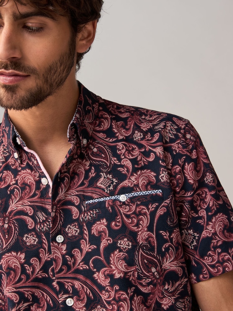 Navy Blue Short Sleeve Textured Floral Printed 100% Cotton Shirt - Image 1 of 9