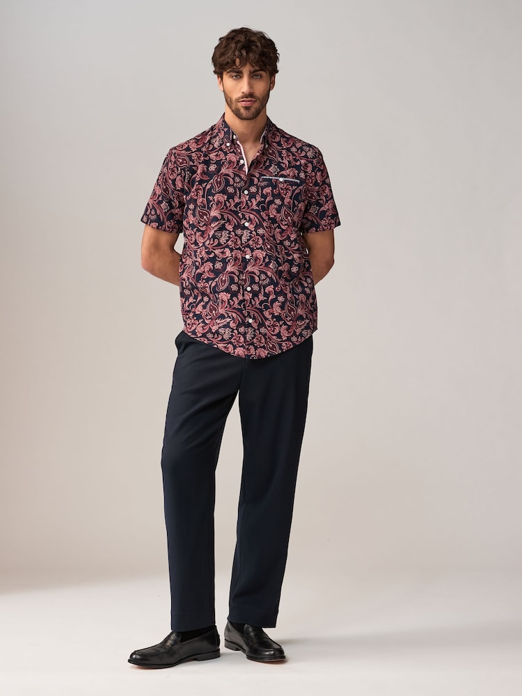 Navy Blue Short Sleeve Textured Floral Printed 100% Cotton Shirt - Image 2 of 9