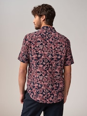 Navy Blue Short Sleeve Textured Floral Printed 100% Cotton Shirt - Image 3 of 9