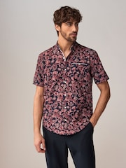 Navy Blue Short Sleeve Textured Floral Printed 100% Cotton Shirt - Image 4 of 9