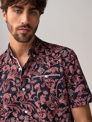 Navy Blue Short Sleeve Textured Floral Printed 100% Cotton Shirt - Image 5 of 9