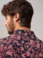 Navy Blue Short Sleeve Textured Floral Printed 100% Cotton Shirt - Image 6 of 9