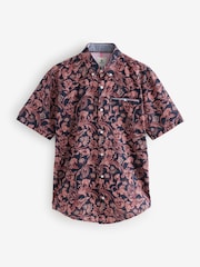 Navy Blue Short Sleeve Textured Floral Printed 100% Cotton Shirt - Image 7 of 9