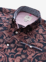 Navy Blue Short Sleeve Textured Floral Printed 100% Cotton Shirt - Image 9 of 9