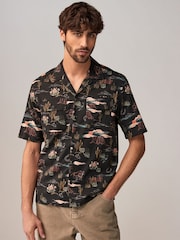 Black Western Style Printed Short Sleeve Shirt With Cuban Collar - Image 1 of 9