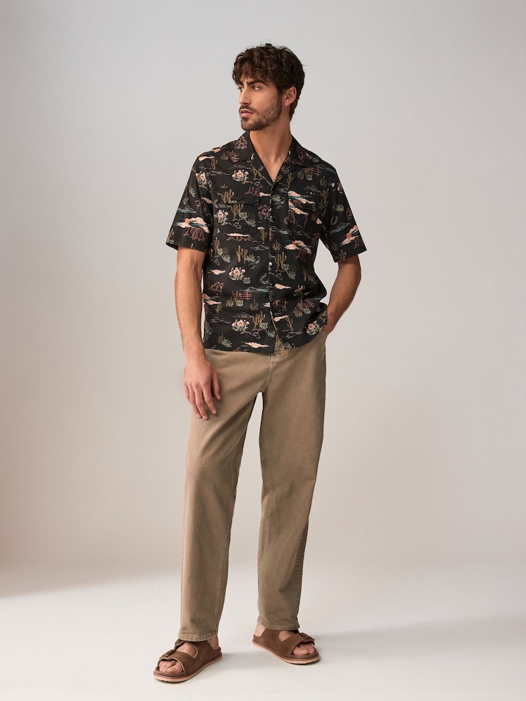 Black Western Style Printed Short Sleeve Shirt With Cuban Collar - Image 2 of 9